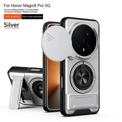 Dual - Function Magnetic Ring Grip Case with Car Mount Holder - Shockproof Protection - HONOR Magic8 Lite (Silver)