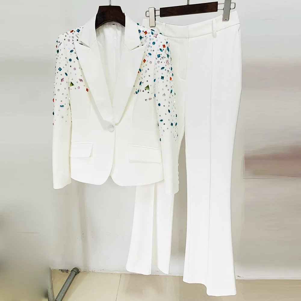 Women Slim Fit Blazer Micro Flared Two Pieces Pants Set