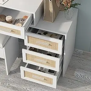 Makeup Vanity with Mirror and Lights, Close-up View of Drawer