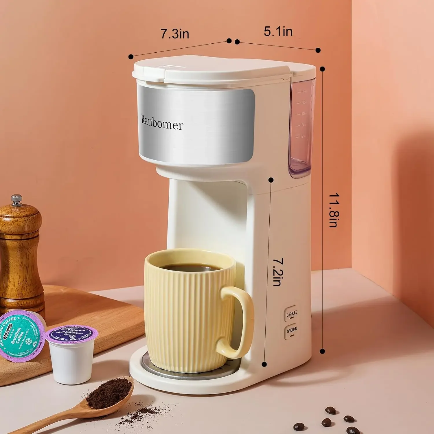 Single Serve Coffee Maker, K Cup and Ground Coffee Machine 2 in 1, 6 to 14 Oz Brew Sizes, Mini One Cup Maker (White)