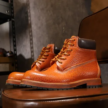 Luxury Retro Men Motorcycle Boots Genuine Leather Thick Sole Outdoor Work Shoes Handmade Premium Ankle Western Boots