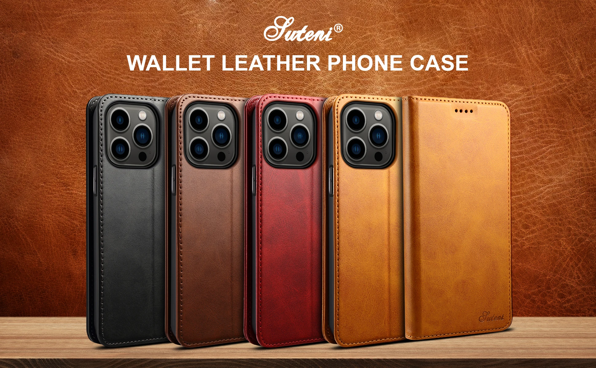 SUTENI leather wallet phone case cover shown open and closed beside iPhone models, highlighting card slots and flip protection