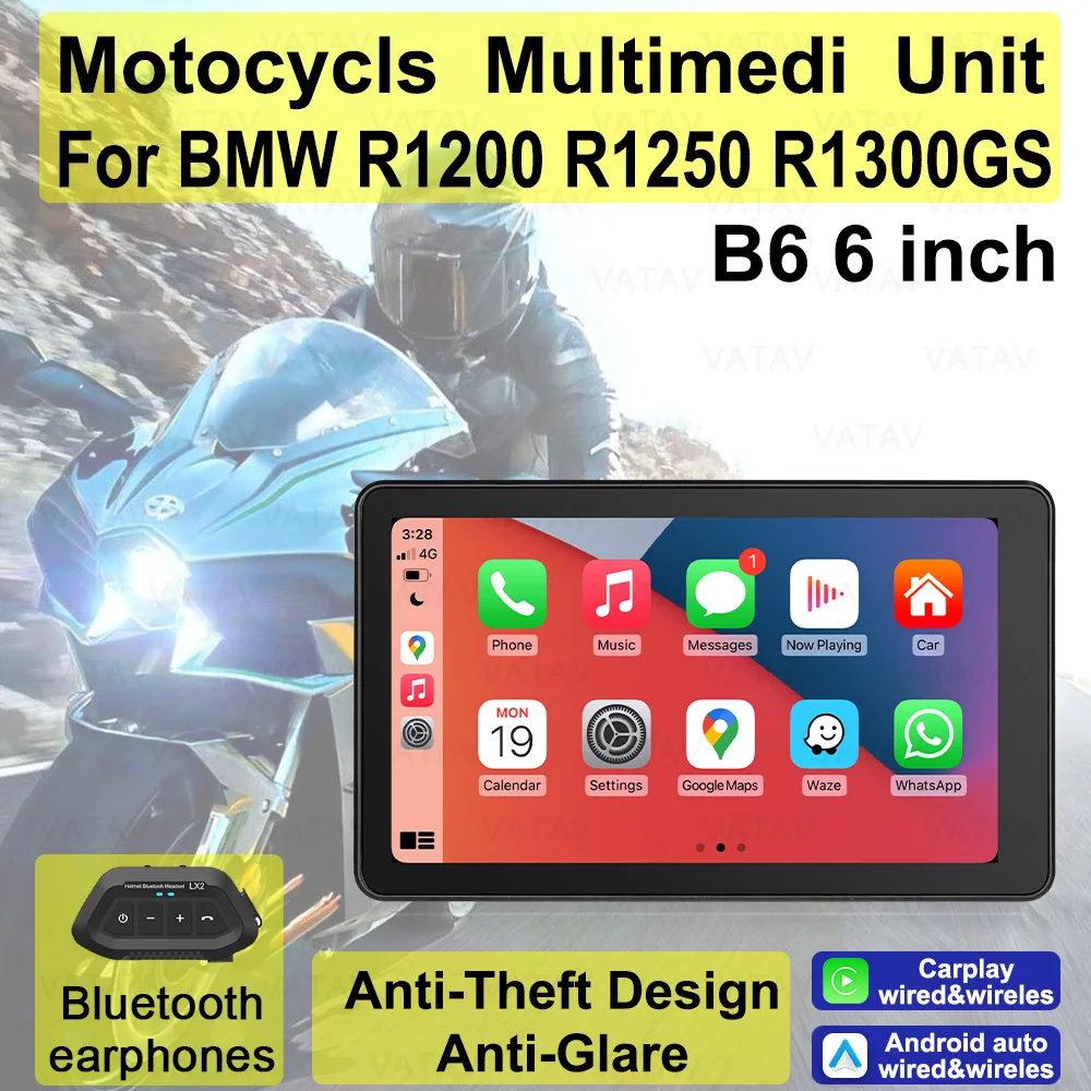 BMW R1200GS R1250GS R1300GS 6인치 터치 방수 눈부심 방지 휴대용 오토바이 네비게이터 CarPlay 안드로이드 오토