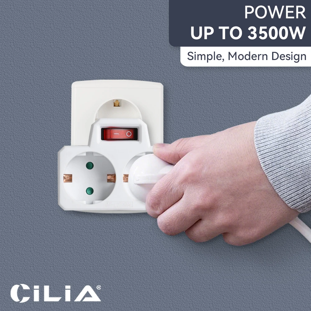 Universal Dual Outlet Power Converter with Switch - Travel-Friendly EU Adapter, 16A 250V