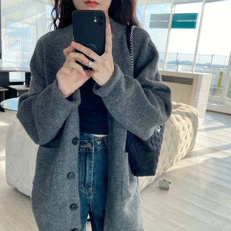 

Spring Autumn Annals Women New Grey Loose Fitting Lazy Style Sweater Coat Female Academic Style V-neck Knitting Cardigan Jacket