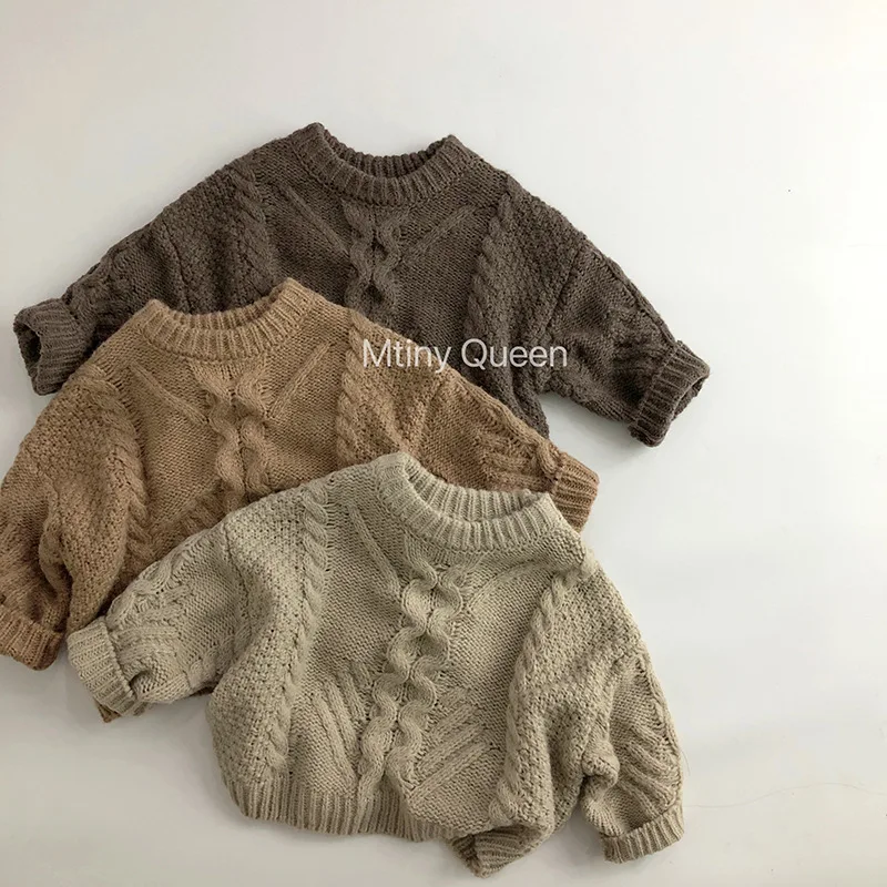 

2023 Ins Autumn Winter Korean Children Boys Sweater Cotton Solid Ribbed Thick Simple Baby Boys Knitwear Vintage Kids Boys Tops
