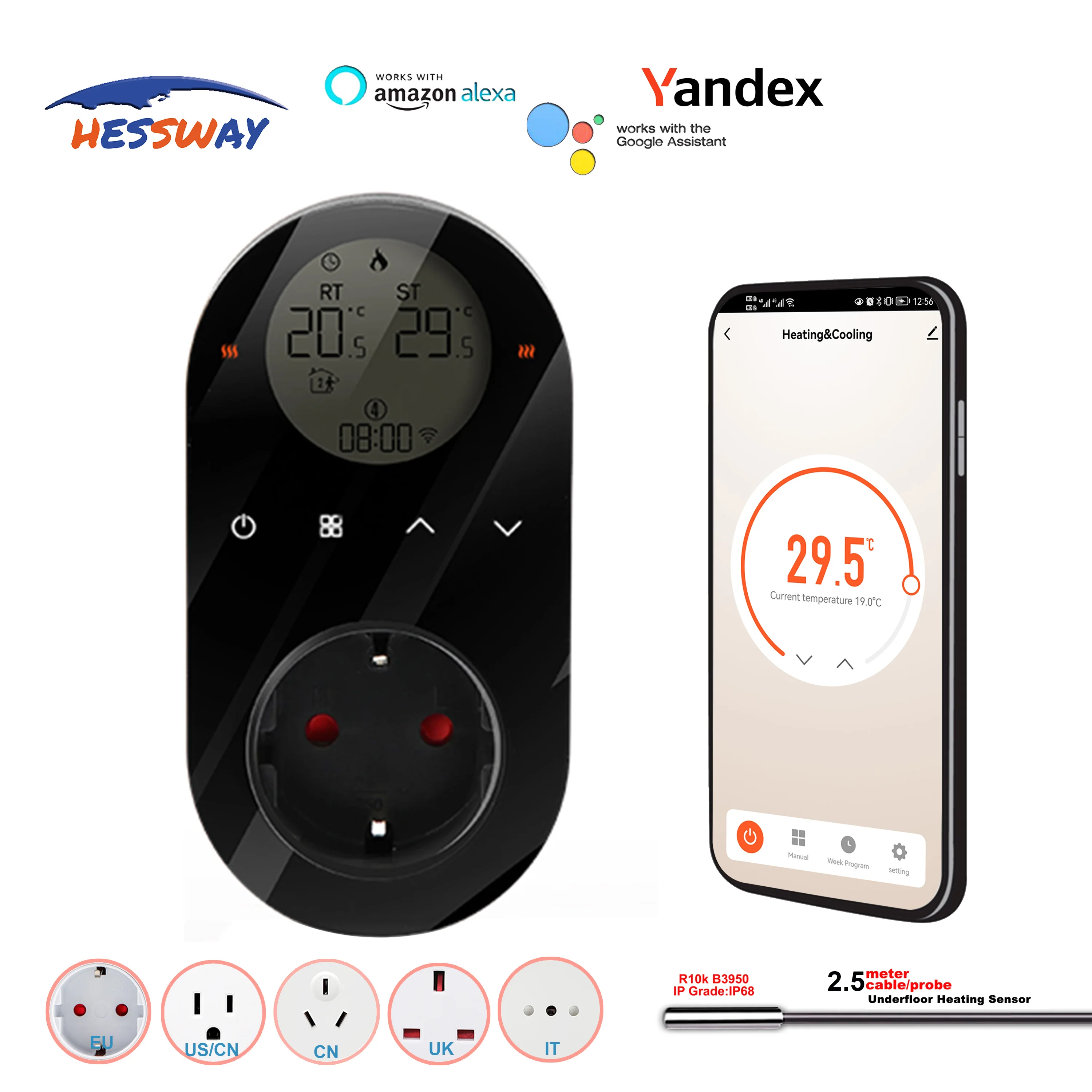 EU 에너지 절약 온도 조절 난방 케이블 온도 조절기 플러그 인 16A 4KW, 알렉사 구글 홈 Yandex LED/LCD 쇼와 함께 작동