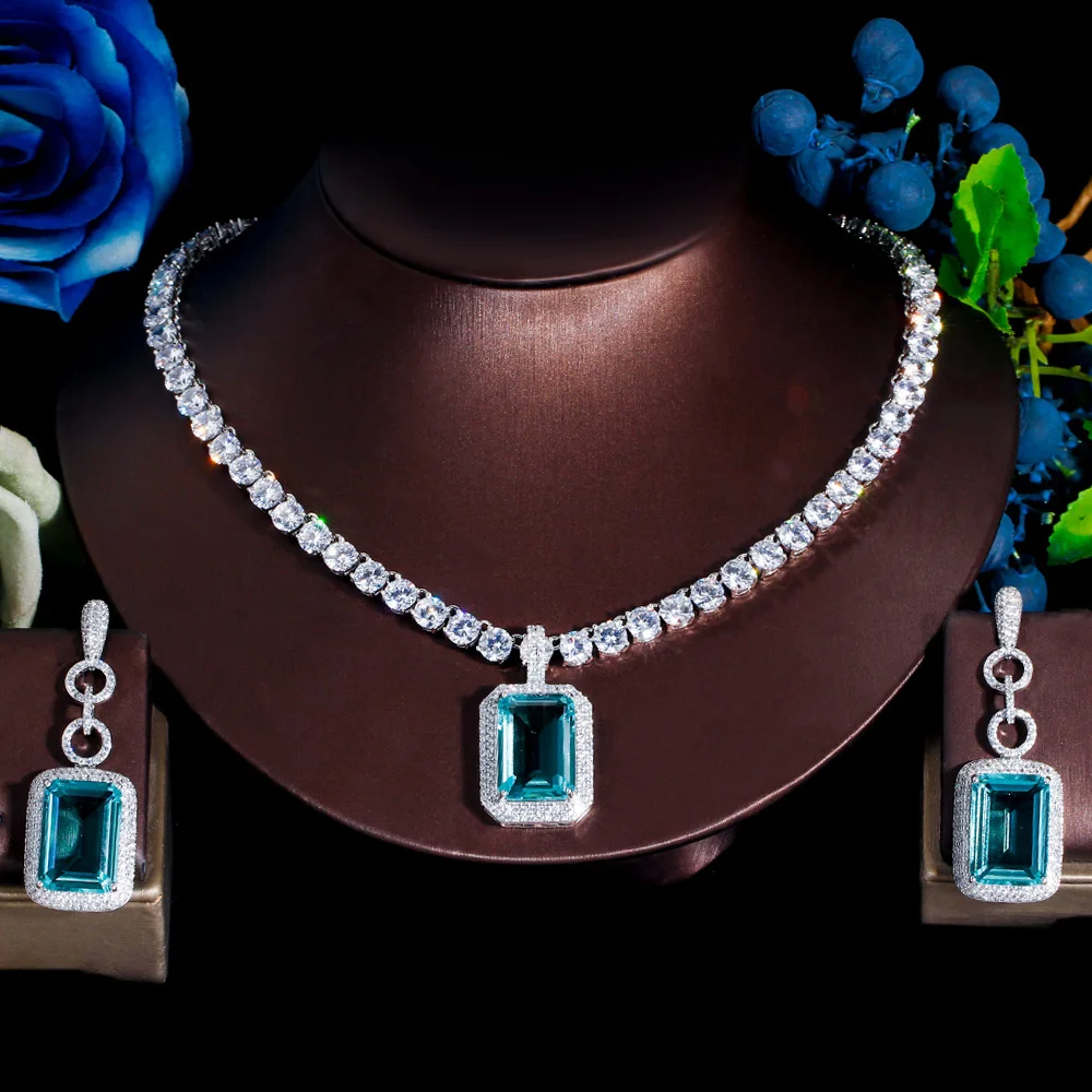 2309404-9f49c1.jpg S8e3718114fb54f9fbb1c4aa7b688ae71j Fashion Light Blue Cubic Zirconia Long Big Rectangle Dangle Earrings and Necklace Set for Women Party Jewelry Mallzona