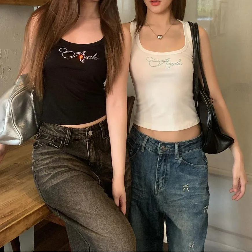 

Женский летний топ на бретельках Y2k, пикантный облегающий топ с надписью и алмазным узором для девушек, повседневный топ без рукавов в стиле панк