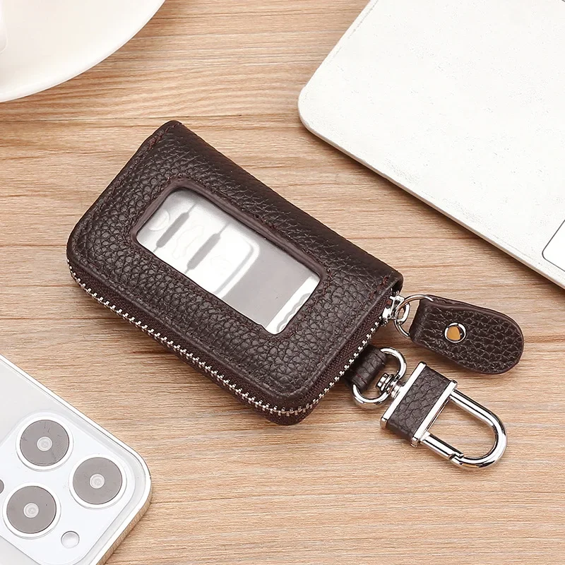 Leather Car Key Case Transparent Window Soft Cowhide Car Key Case Korean and Japanese Style Zipper Multi-color