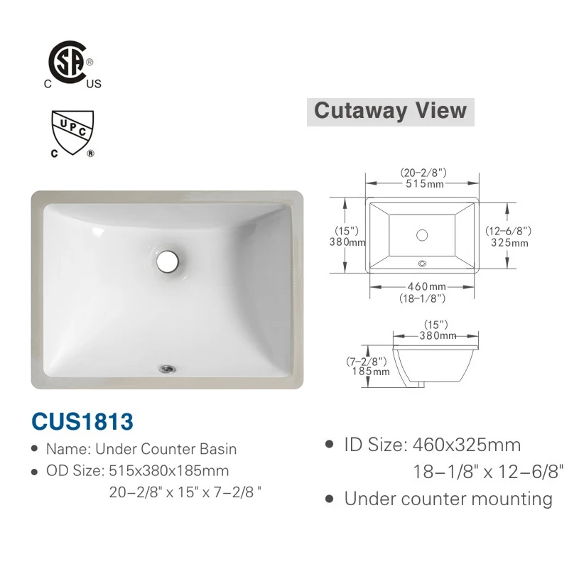 1pc Bathroom Sink Undermount - 18"x13" Modern White Rectangular Vessel Undermount Sink, Porcelain Ceramic Under Counter Lavatory 6