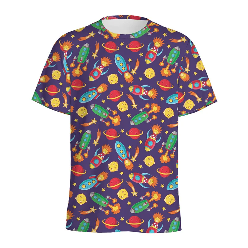 

Футболка мужская с рисунком ракеты и звезд, уличная одежда с круглым вырезом и коротким рукавом, топ с 3D-принтом ракеты, Детская рубашка