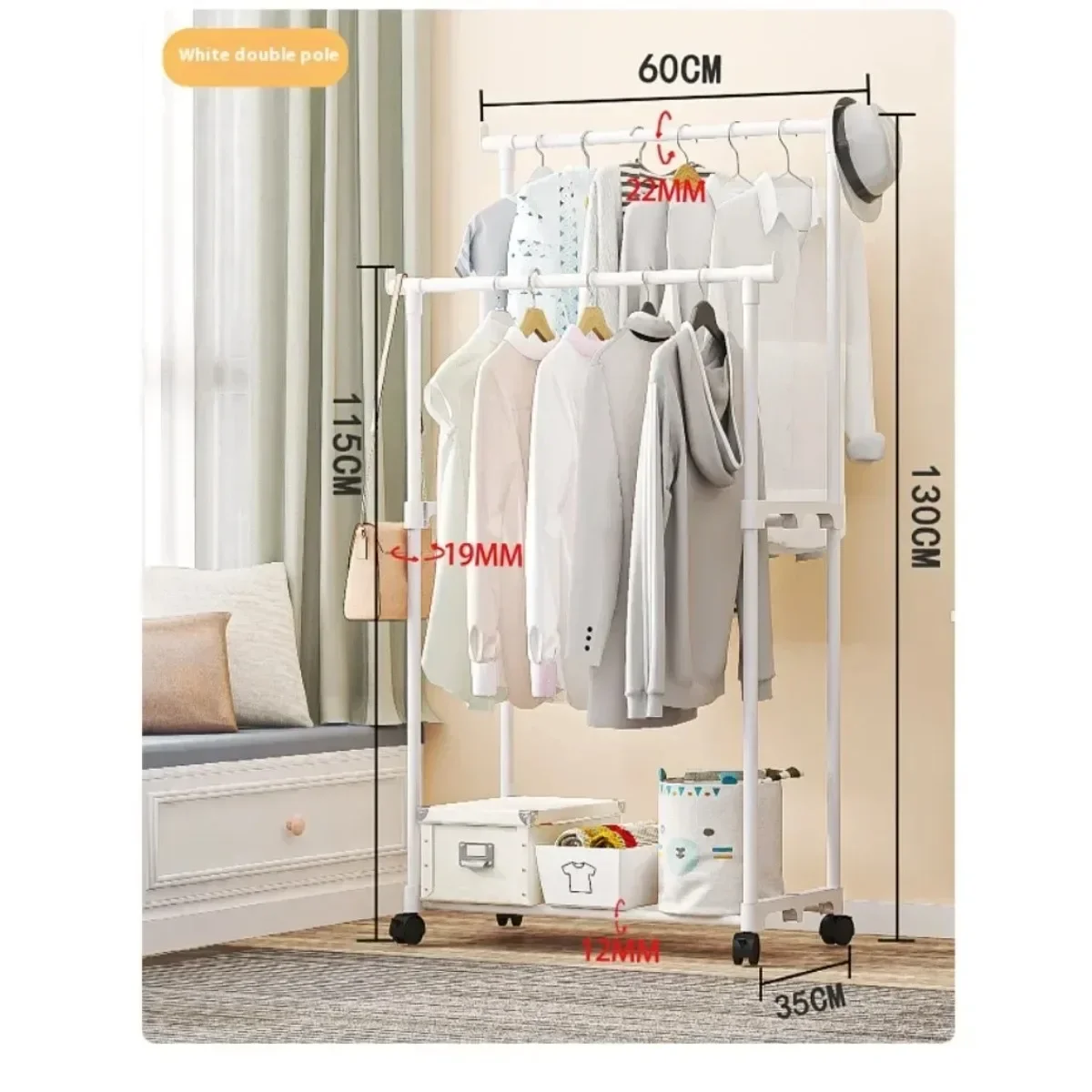 Coat Rack Movable Double Clothes Shelf Simple Rod Clothes Floor-Standing Bedroom Telescopic Floor Hangers Storage,clothes rack