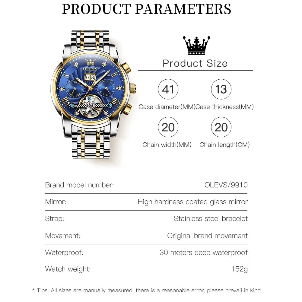 OLEVS 9910 Tourbillon Automatic Watch for Men Luxury Skeleton Men's Mechanical Wristwatch Stainless Steel Top Original Man Watch mechanical watch
