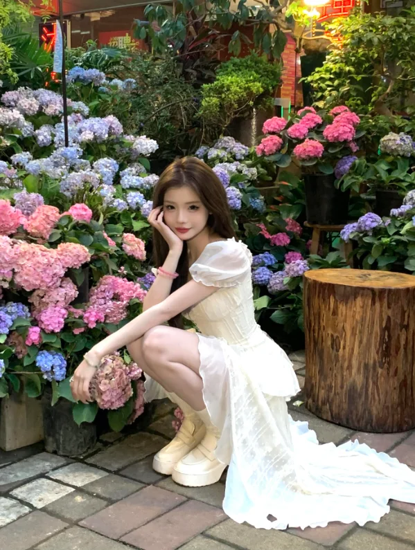 Y2K Irregular Ruffles Midi Dresses for Women Puff Sleeve Square Collar A-line French Vintage Birthday Party Dress Prom Vestidos