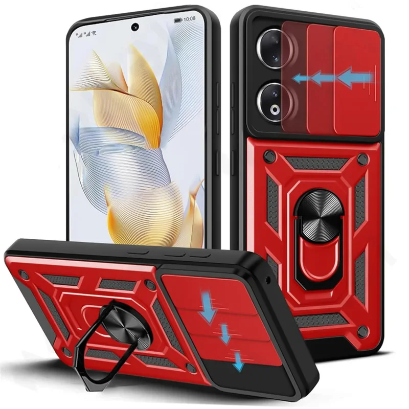 Armor Shockproof Phone Case with Magnetic 360-Degree Ring Holder and Slide Lens Cover