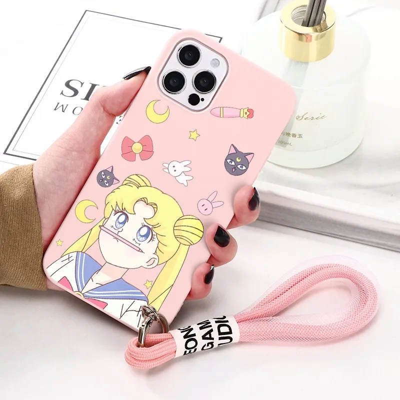 13 pro max cases Cute Sailor Moon Anime Strap Lanyard Phone Case For iPhone 13 11 12 Pro Max XS XR X 6 6s 8 7 Plus SE20 Beautiful Girl Soft Cover best cases for iphone 13 pro max iPhone 13 Pro Max