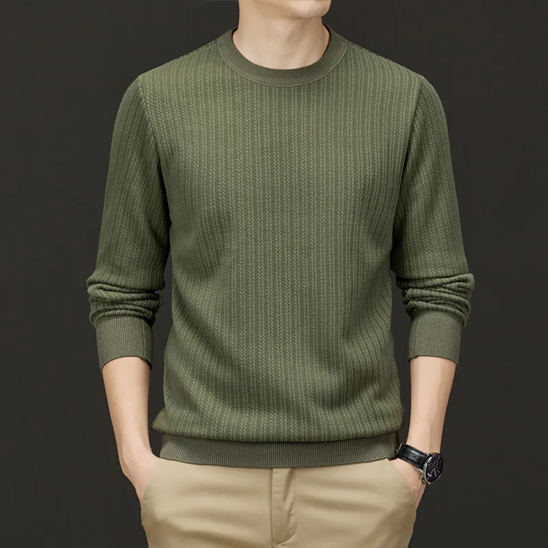 Spring and Autumn Men's Pullover Round Neck Solid Long Sleeve Screw Thread Sweater Knitted Underlay Loose Fashion Casual Tops