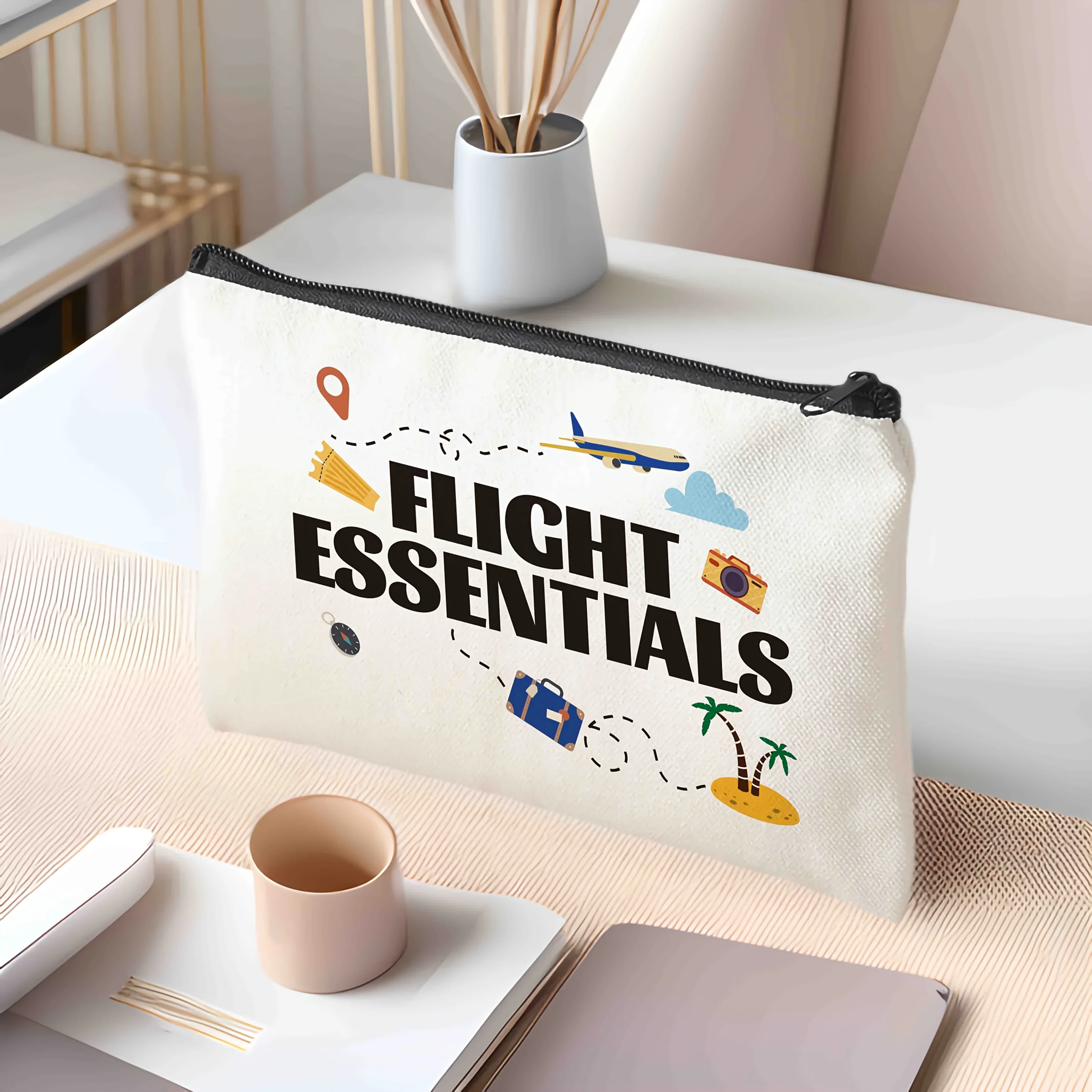 Travel-Themed Airplane Print Toiletry and Makeup Bag - Fashionable Minimalist Travel Pouch
