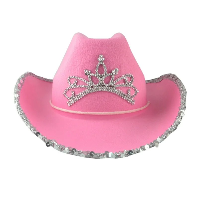 Pink Crown Western Cowgirl Hat Women Girls Tiara Feather Felt