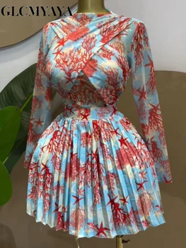 GLCMYAYA Women Leaf Print Long Sleeve O-neck Wrap Front Pleated Dress 2026 Elegant Romantic Vacation Party Birthday Dresses 1