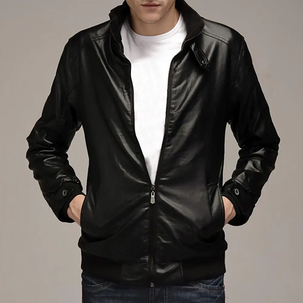 

Classic Motorcycle Jacket Top Faux Leather Jacket Coat Solid Color Faux Leather Motorcycle Windbreaker Outerwear
