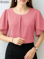 ZANZEA Women Summer OL Work Blouse Elegant Office Shirt Stylish Solid O Neck Tunic Short Petal Sleeve Tops Holiday Blusas Femme - Image 3