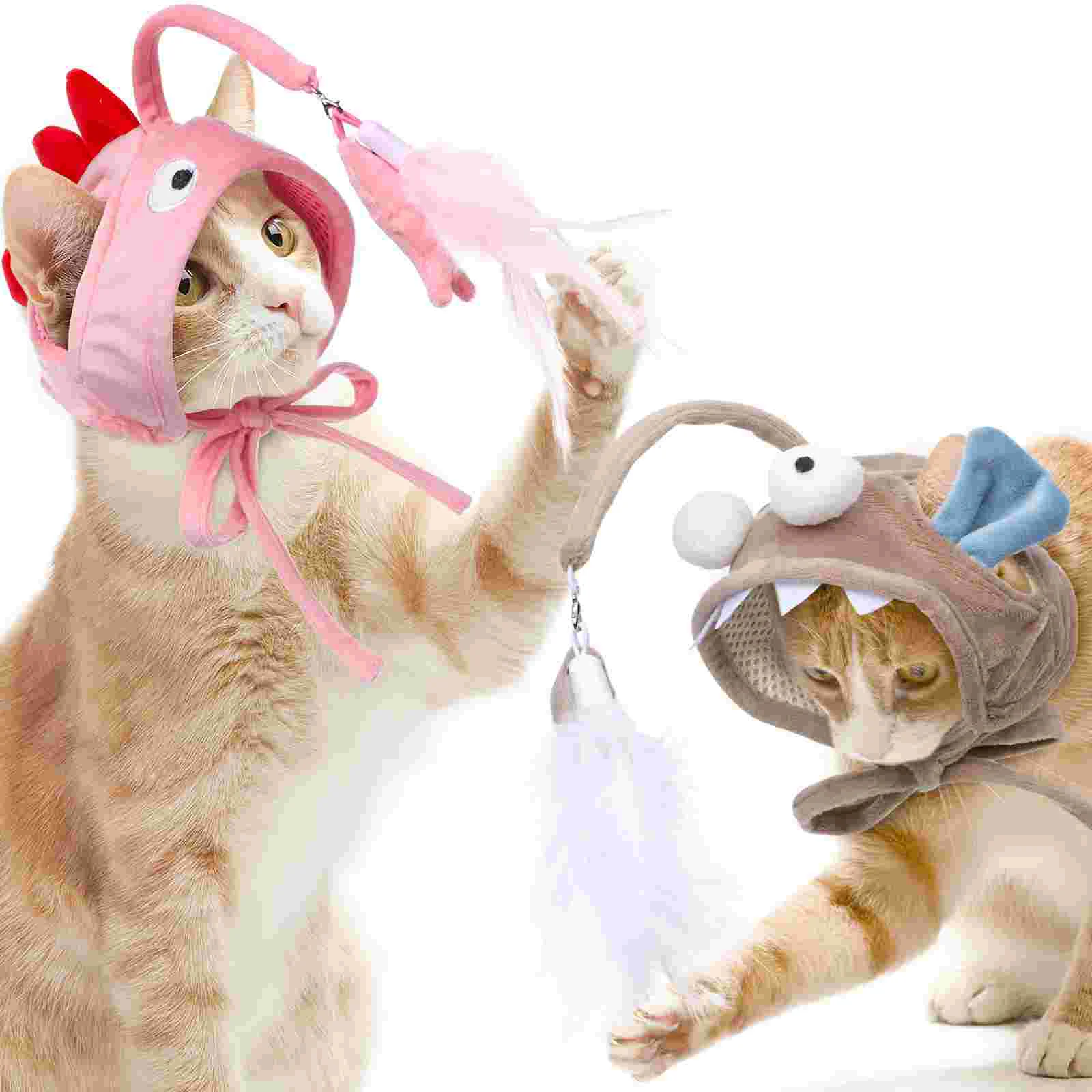 

2 Pcs Lantern Fish Head Toy Cat Teasing Wand Costume for Cats Toys Indoor Costumes Wearing Tease Stick Hats Pet Self Diversion