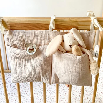 Borsa portaoggetti per culla Custodia doppia in cotone Organizer per testiera del letto neonato per bambini Borsa per giocattoli per pannolini da letto per bambini