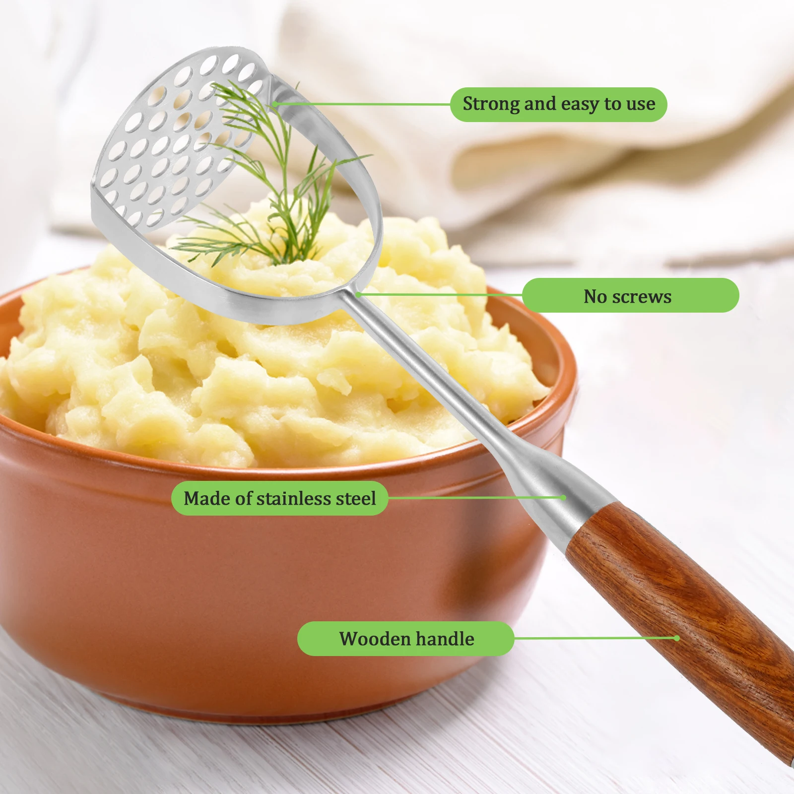 Stainless Steel Mashed Potato Masher Wood Handle Heavy Duty Potato Masher Integrated Kitchen Tool Avocado Beans Potato Masher