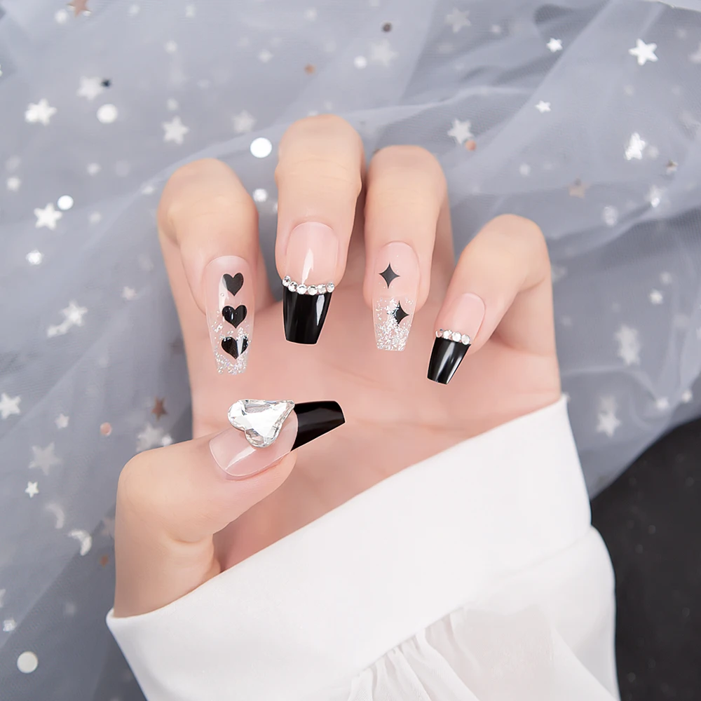 Uñas postizas con purpurina coreana, 24 piezas, diseño de diamantes de  imitación de corazón, moda, longitud media, ataúd, cobertura completa,  puntas de uñas acrílicas| | - AliExpress