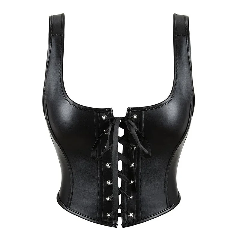 Women Front Back Lace-up Tassel Corset Sexy Wrap Bust Corsets Female Gothic Style Slim Fit Backless Tank Top Patent Leather Vest