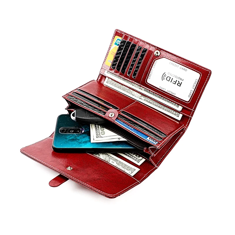 New Genuine Leather Women RFID Wallets Handbags Name Engraving Card Holder Female Purse Big Capacity Phone Bag Women's Wallet 6