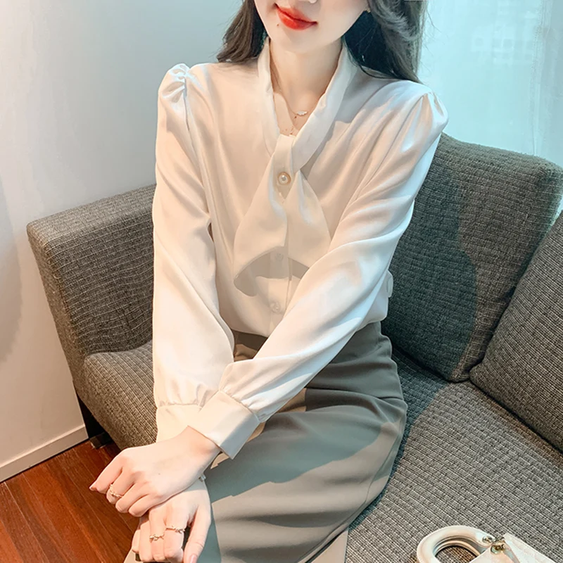 

New Arrival Spring Korean Style Women Loose Single Breasted Long Sleeve Blouse All-matched Bow Collar Chiffon Casual Shirts V228