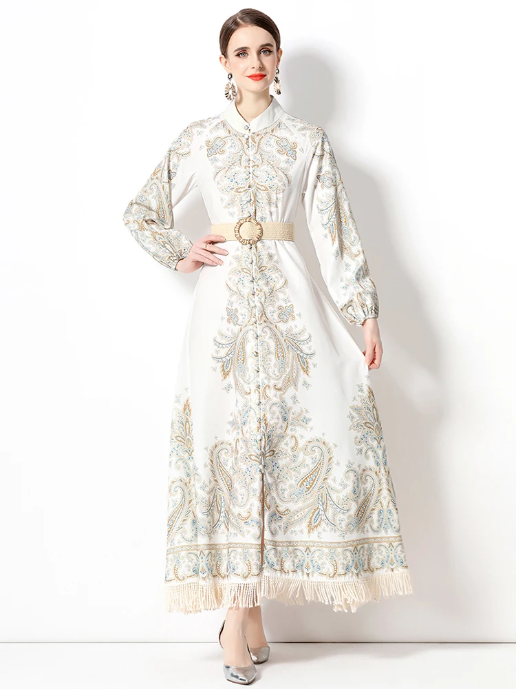 

Runway Designer Retro Woman Dress Female Long Lantern Sleeve Single Breasted Vintage Belt Tassel Hem Party Maxi Vestidos A1980