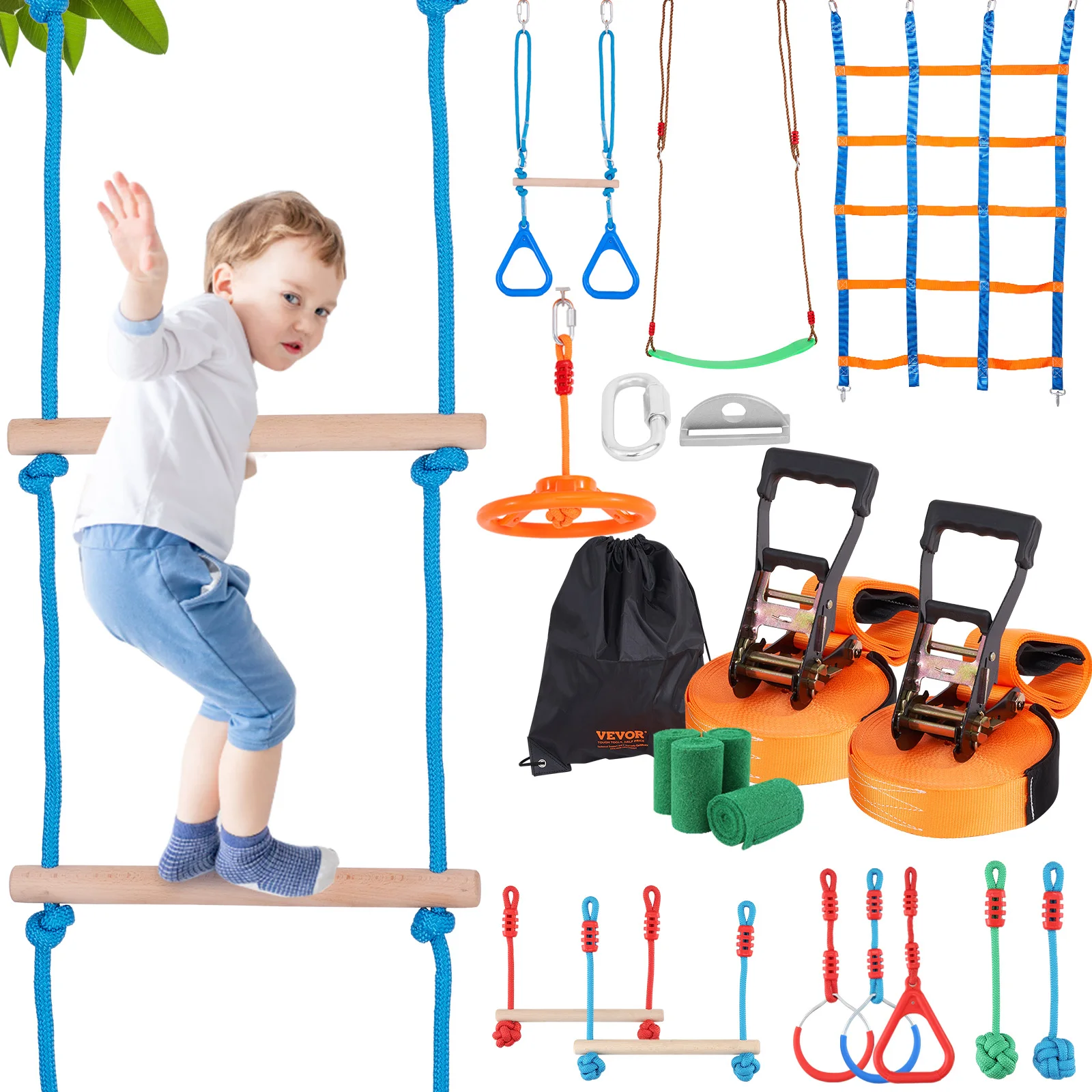 SucceBuy 2x50/56/60/65FT Ninja Warrior Obstacle Course for Kids Weatherproof Slacklines 500lbs Weight Outdoor Playset Equipment