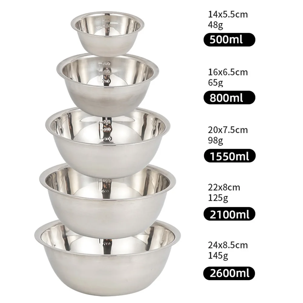 5Pcs Large Stainless Steel Bowl Mixing Bowl Basin With Scale Kitchen Camping Bbq Whisking Salad Cooking Baking Bowls Set