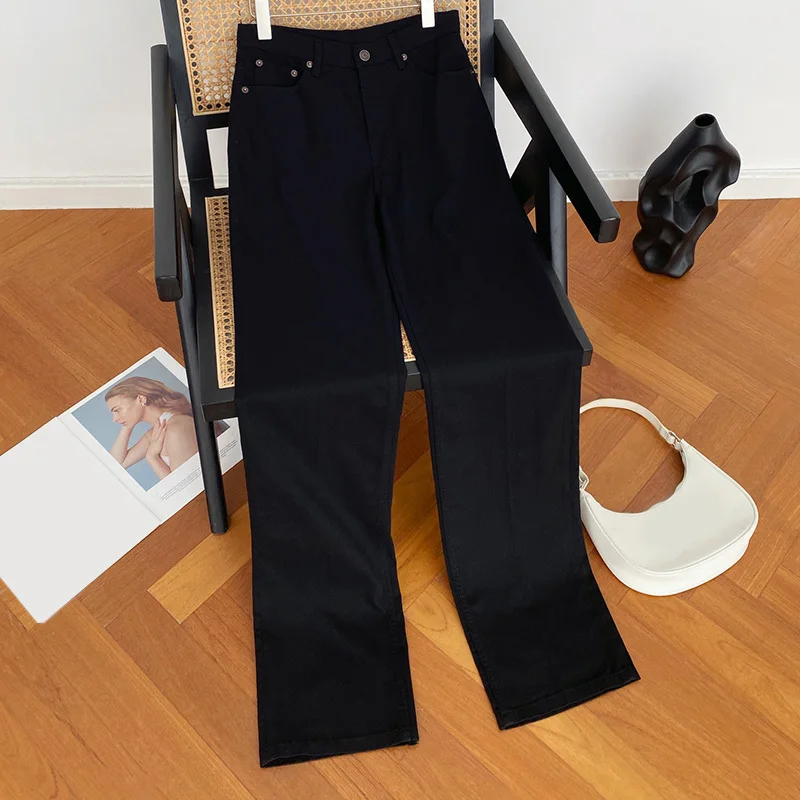 

Vintage Black Cotton Denim Pants Women Fashion Versatile High Waist Basic Stretch Straight Trousers 2024 Runway Jeans Streetwear