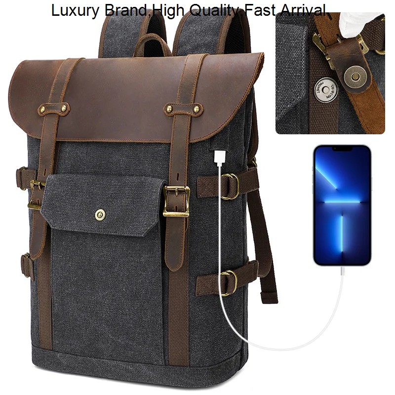 

Men's Vintage Large Capacity Military Oiled Leather Canvas Male School Teenagers Laptop Duffel Bag Backpacks For Women Free Ship