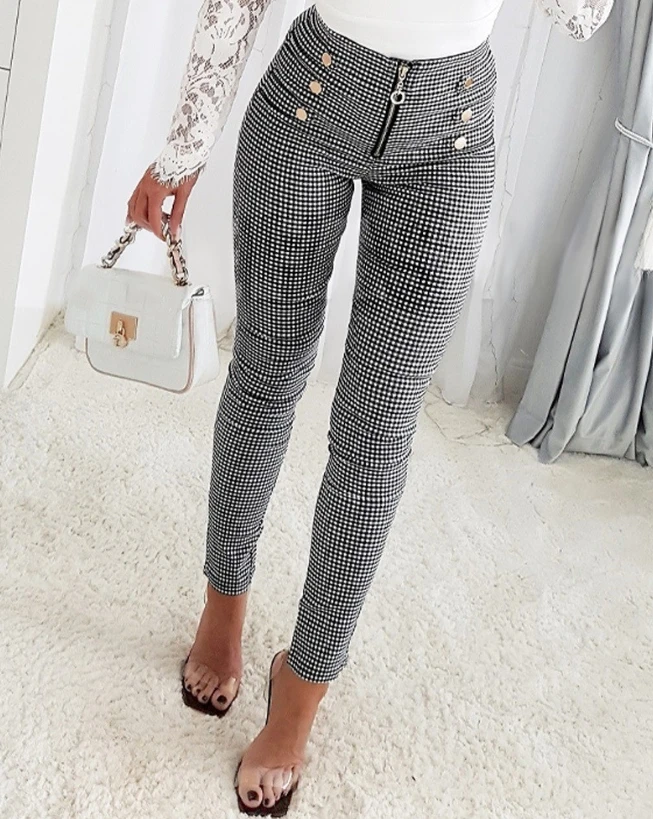 Hot Selling Women's Pants 2023 New High Waist Pants Checkered Print Zipper Design Button Decorative Work Pants Daily Pants