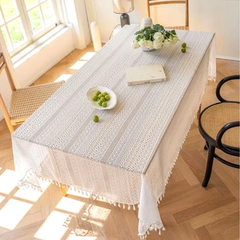 1PC Japanese Boho Style Tablecloth，Beige and Black Table Cover with Tassel，Geometric Pattern Design， for the Rectangle Desk 1