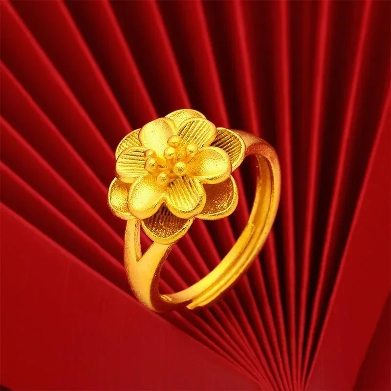 

High End Multi Style Live Flower Peacock Pure Plated Real 18k Yellow Gold 999 24k Index Finger Ring Lovers Straight Never Fade J