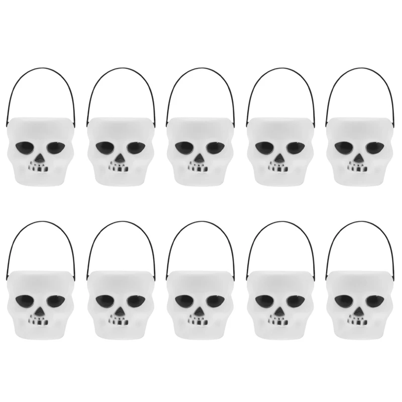 10Pcs Mini White Skeleton Halloween Candy Kettle Halloween Candy Bucket Skull Head Bucket Party Decoration