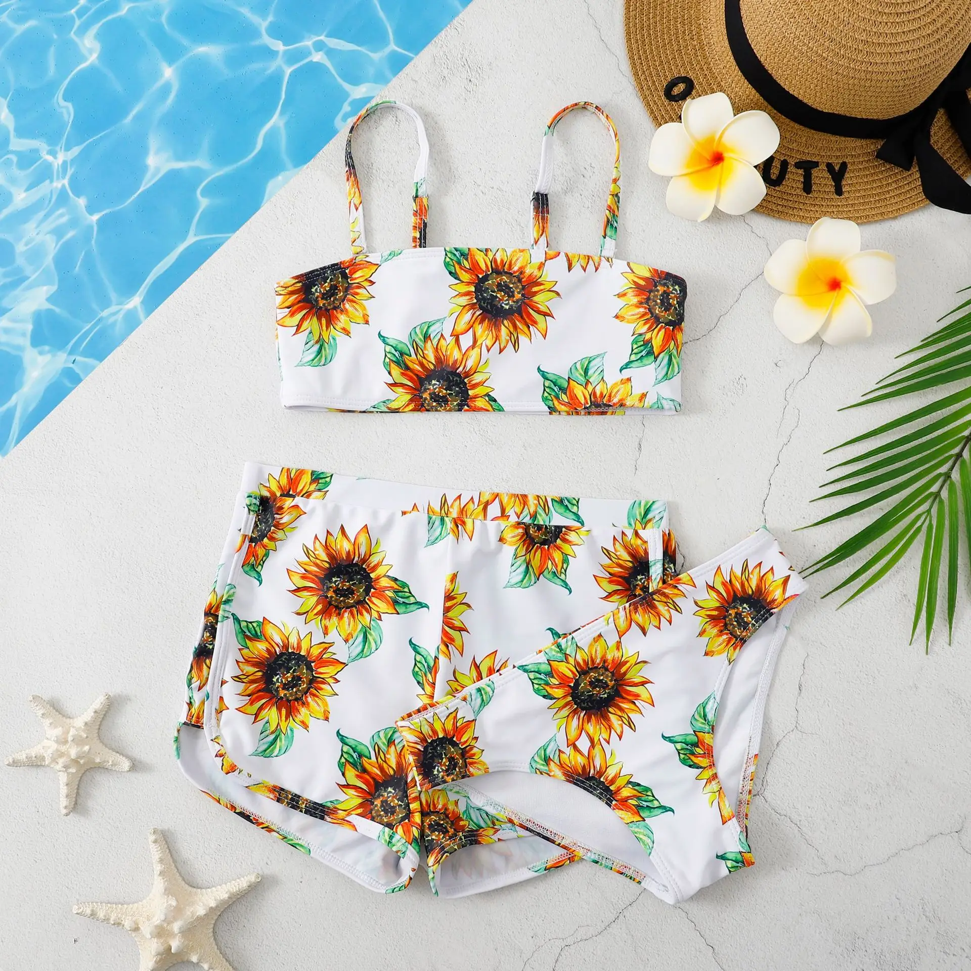 Girls 3pack Coconut Palm Print Bikini Sets with Shorts Trunks Kids Swimsuit 7-12 Years Children's Swimwear Bathing Suit