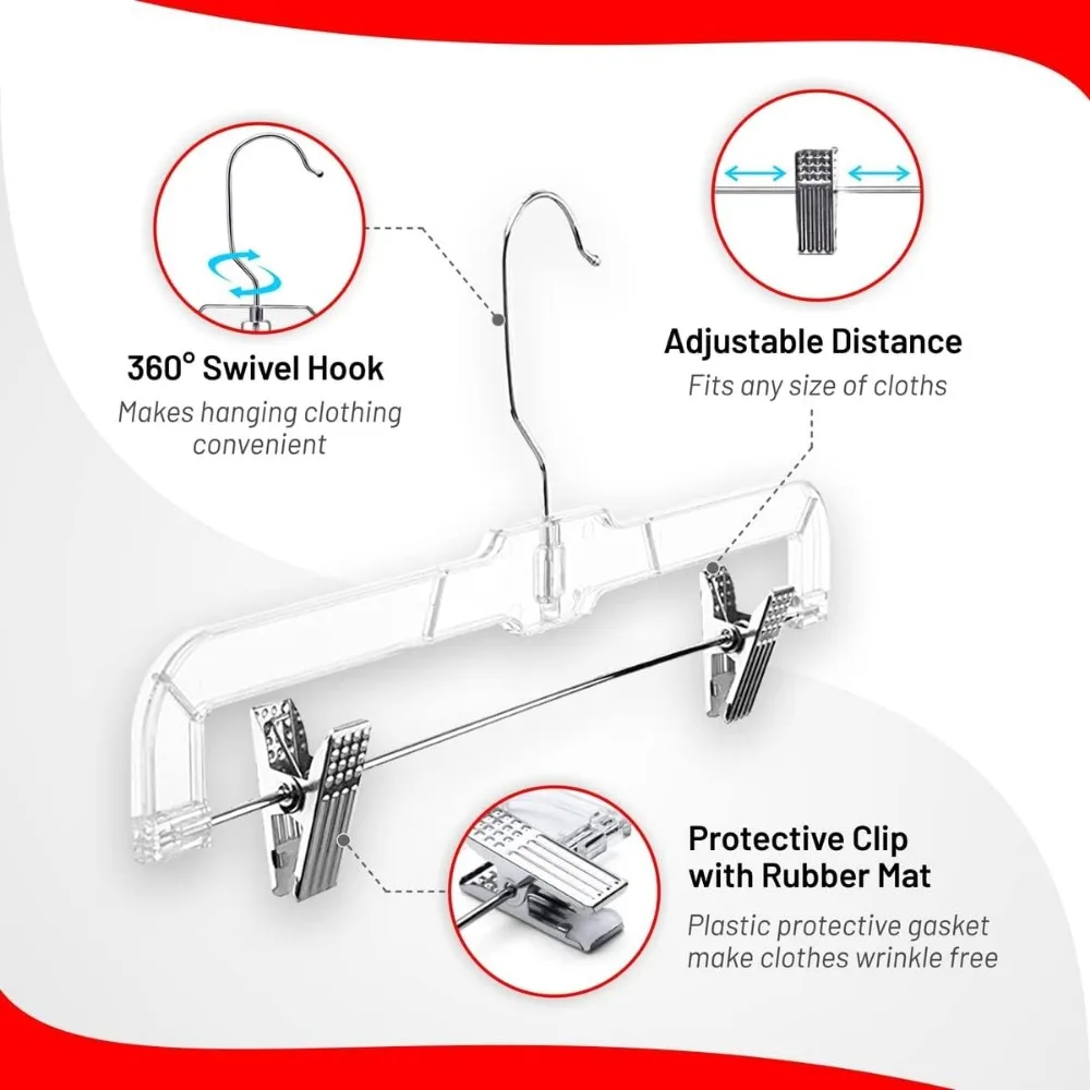 ™ Skirt Hanger Pants Hangers with Clips Hangers Shorts Hanger Clear Plastic Clothes Hangers with 2-Adjustable Clip Non-Slip Clot