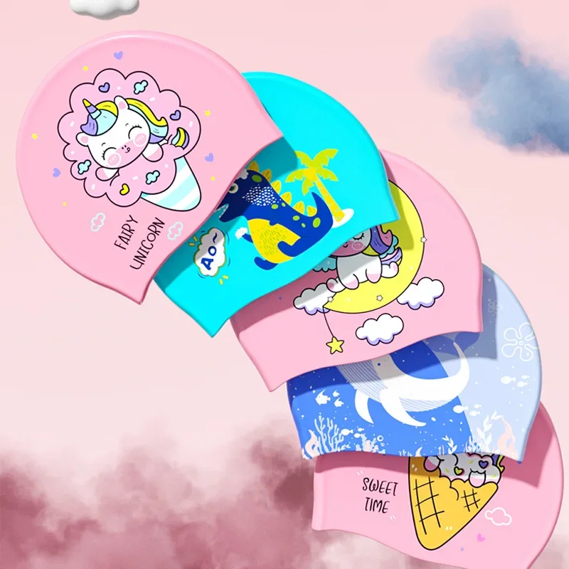 Waterproof Silicone Swimming Cap Cute Cartoon Unicorn Design Comfortable No Headache For Children Women's And Baby Students