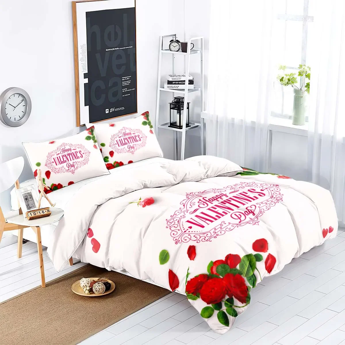 3-piece down duvet cover set with rose heart pattern print (1 duvet cover+2 pillowcases, no core) Valentine's Day bedding set