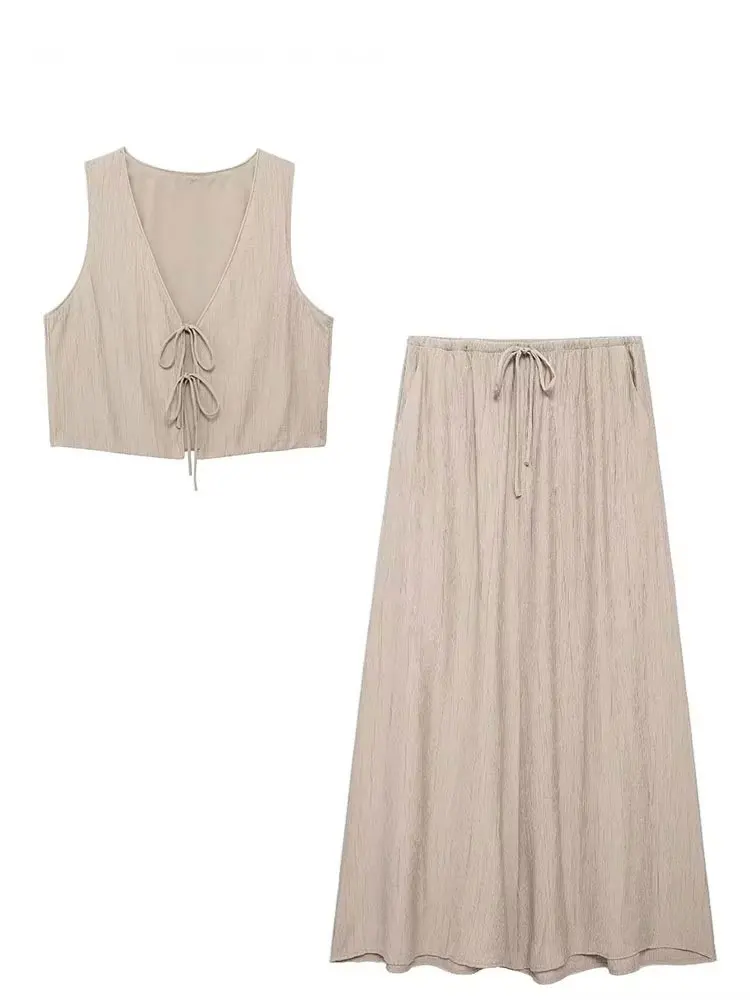 HH Women Fashion Vintage Solid Skirt Suit Bow Lace-up Tank Tops V Neck Cests Drawstring Midi Skirts Casual High Street Sets