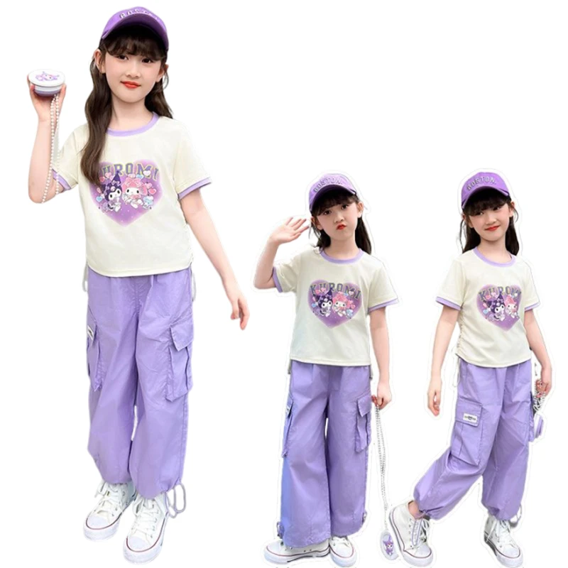 

2024 Kawaii Kuromi Girls Short Sleeve Pants Sanrio Anime Tops Sweet Cute Cartoon Summer Children Casual Clothing Gift for Kids