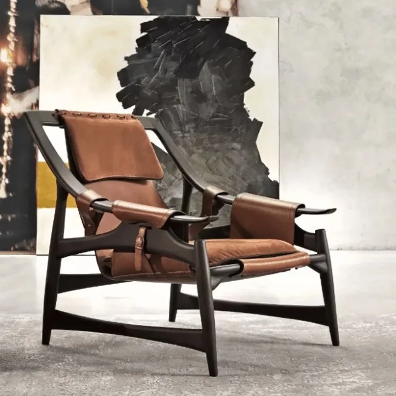 Italian Solid Wood Industrial Style Saddle Leather Chair, Simple Designer Leisure Sofa Chair, Home Living Room Lazy Lounge Chair